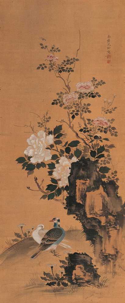 沈铨 花间山禽 立轴